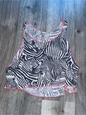 Y2K Zebra Print Mesh Crop Tank with Pink Trim
